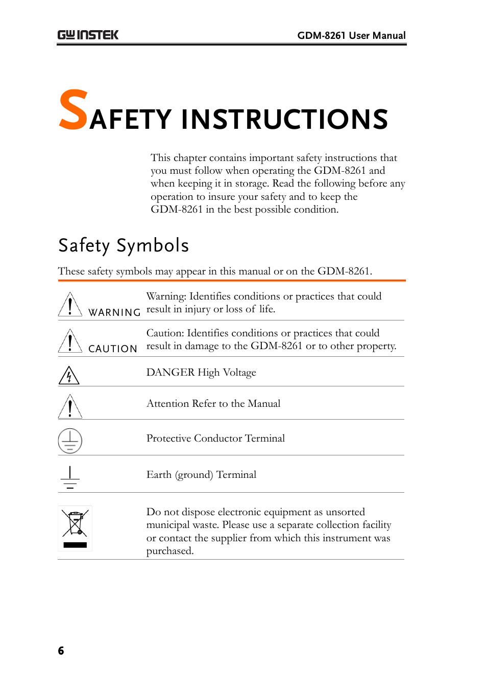 Safety instructions, Safety symbols, Afety instructions | GW Instek GDM-8261 User Manual User Manual | Page 6 / 224