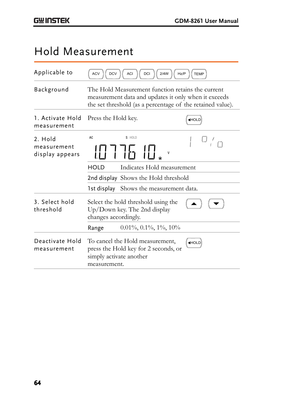 Hold measurement, Press the hold key, Indicates hold measurement | Shows the hold threshold, Shows the measurement data | GW Instek GDM-8261 User Manual User Manual | Page 64 / 224