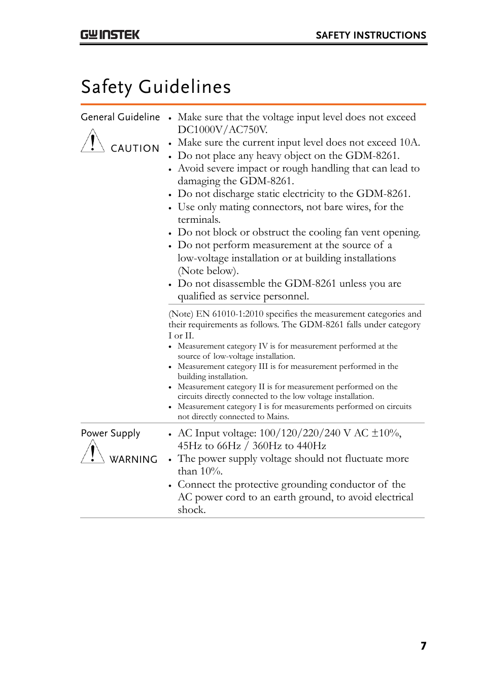 Safety guidelines, Do not place any heavy object on the gdm-8261 | GW Instek GDM-8261 User Manual User Manual | Page 7 / 224