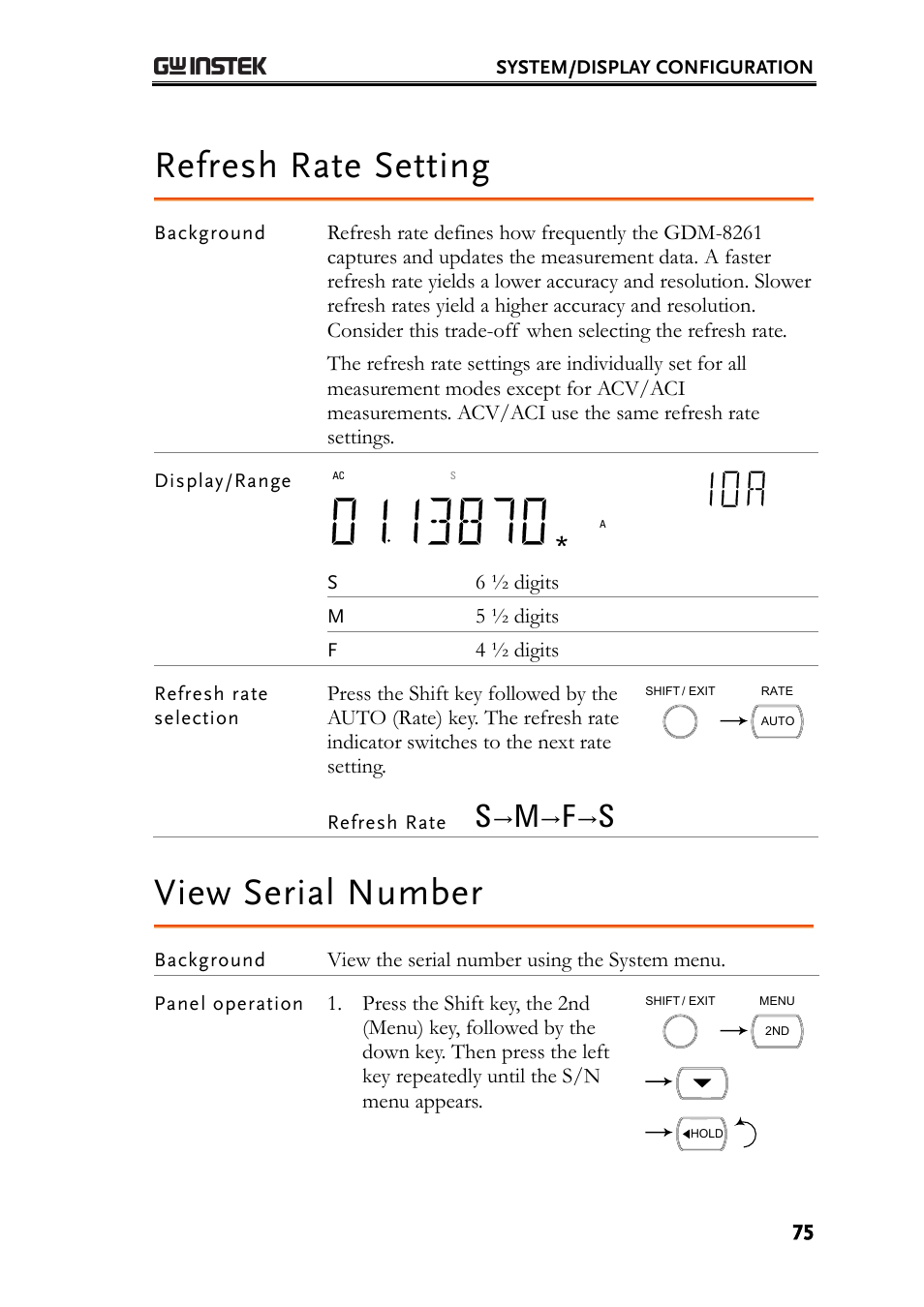 Refresh rate setting, View serial number | GW Instek GDM-8261 User Manual User Manual | Page 75 / 224