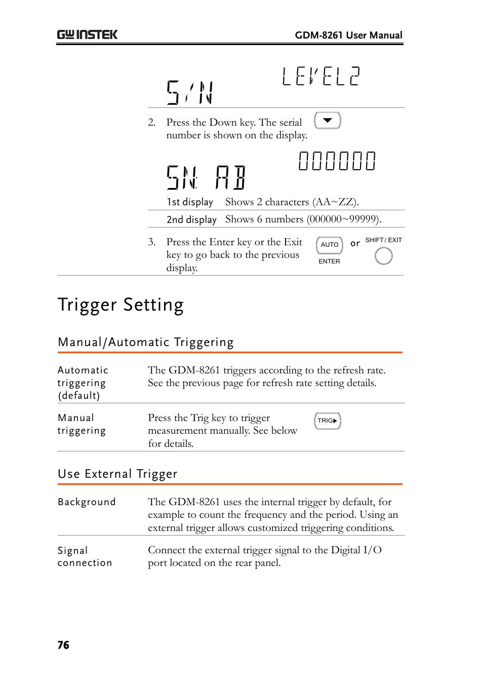 Trigger setting, Manual/automatic triggering, Use external trigger | GW Instek GDM-8261 User Manual User Manual | Page 76 / 224