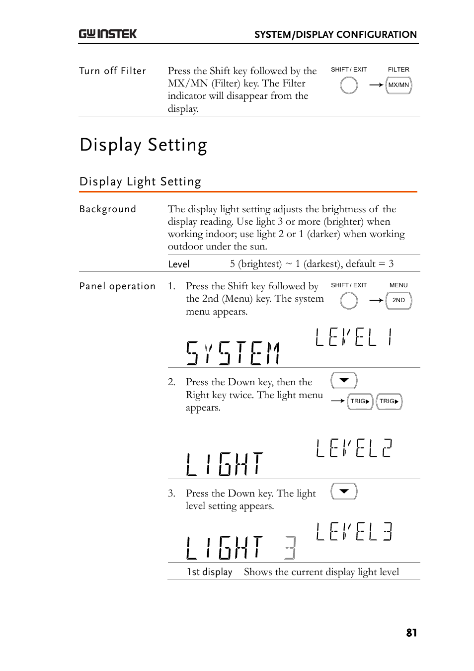 Display setting, Display light setting | GW Instek GDM-8261 User Manual User Manual | Page 81 / 224