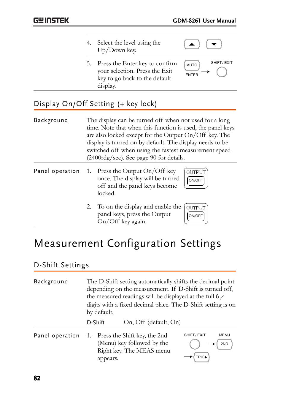 Display on/off setting (+ key lock), Measurement configuration settings, D-shift settings | GW Instek GDM-8261 User Manual User Manual | Page 82 / 224