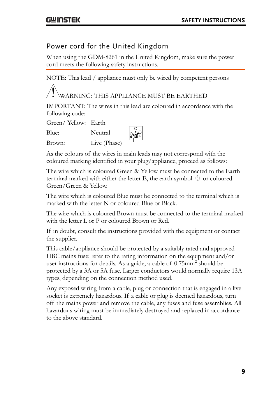 Power cord for the united kingdom | GW Instek GDM-8261 User Manual User Manual | Page 9 / 224