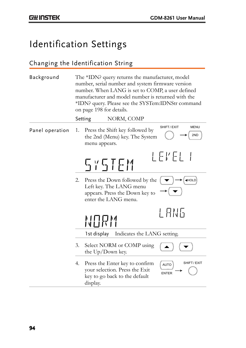 Identification settings, Changing the identification string | GW Instek GDM-8261 User Manual User Manual | Page 94 / 224