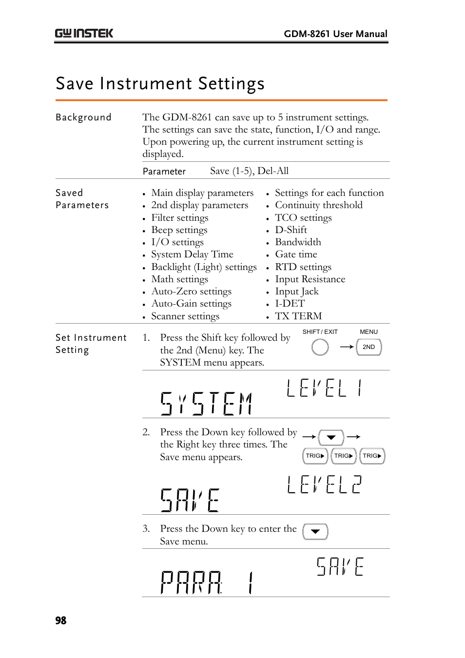 Save instrument settings, Save (1-5), del-all, Main display parameters | 2nd display parameters, Filter settings, Beep settings, I/o settings, System delay time, Backlight (light) settings, Math settings | GW Instek GDM-8261 User Manual User Manual | Page 98 / 224