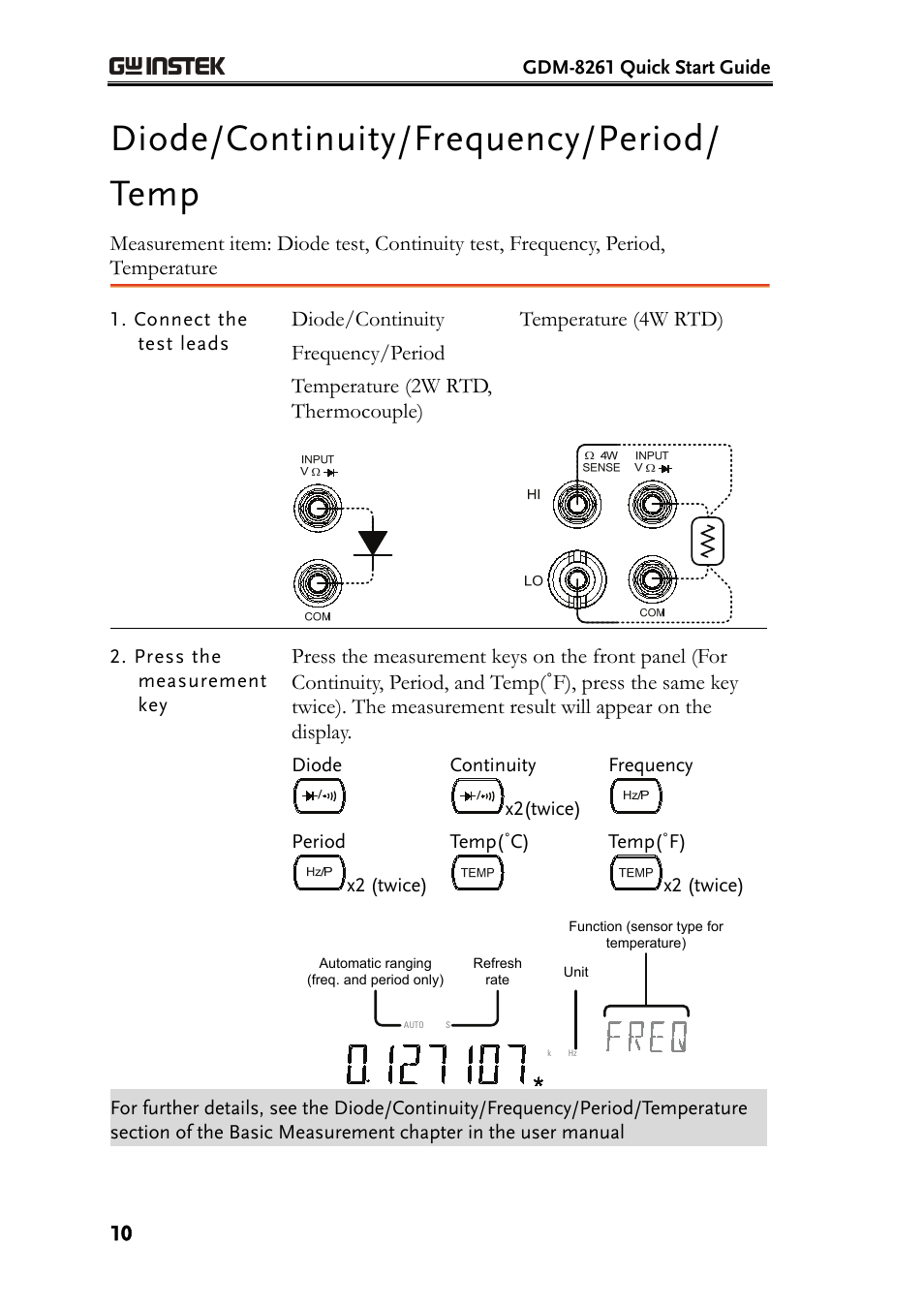 Diode/continuity/frequency/period/ temp | GW Instek GDM-8261 Quick Start Guide User Manual | Page 10 / 14