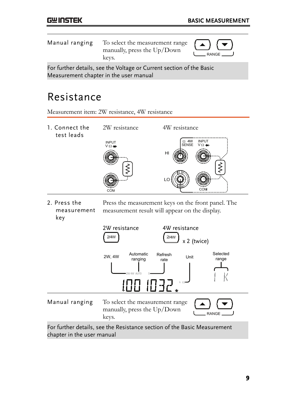 Resistance, Measurement item: 2w resistance, 4w resistance, 2w resistance 4w resistance | GW Instek GDM-8261 Quick Start Guide User Manual | Page 9 / 14