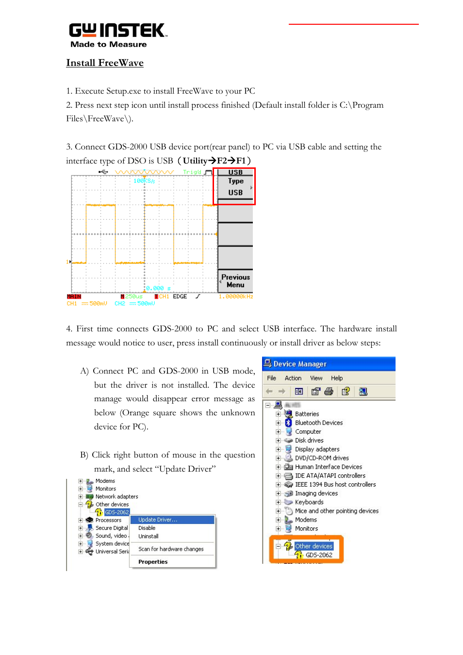 Install freewave | GW Instek GDS-2000 series Instruction guide for FreeWave software User Manual | Page 3 / 10