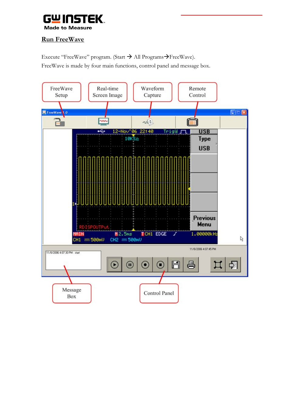 Run freewave | GW Instek GDS-2000 series Instruction guide for FreeWave software User Manual | Page 5 / 10
