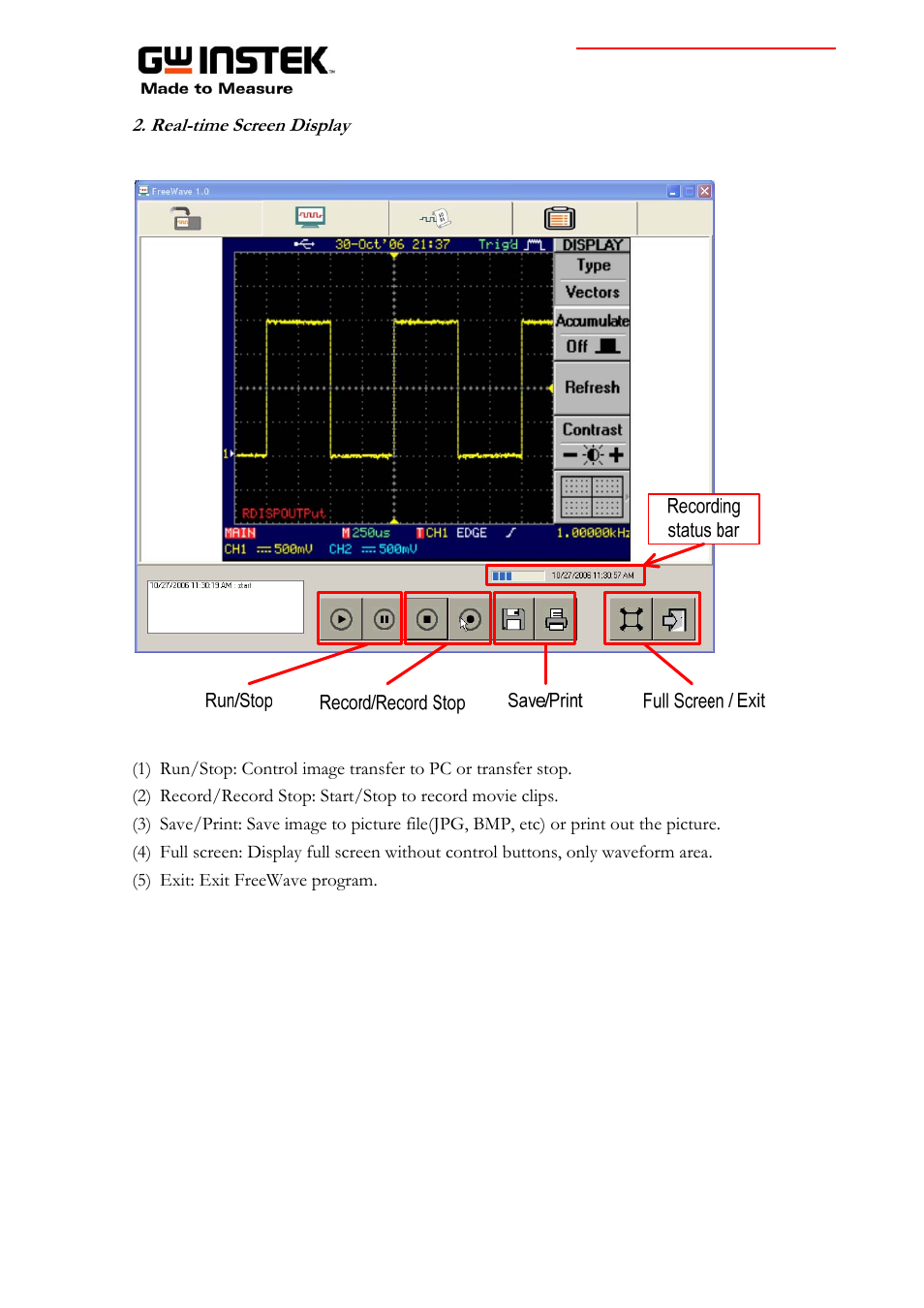 Real-time screen display | GW Instek GDS-2000 series Instruction guide for FreeWave software User Manual | Page 8 / 10