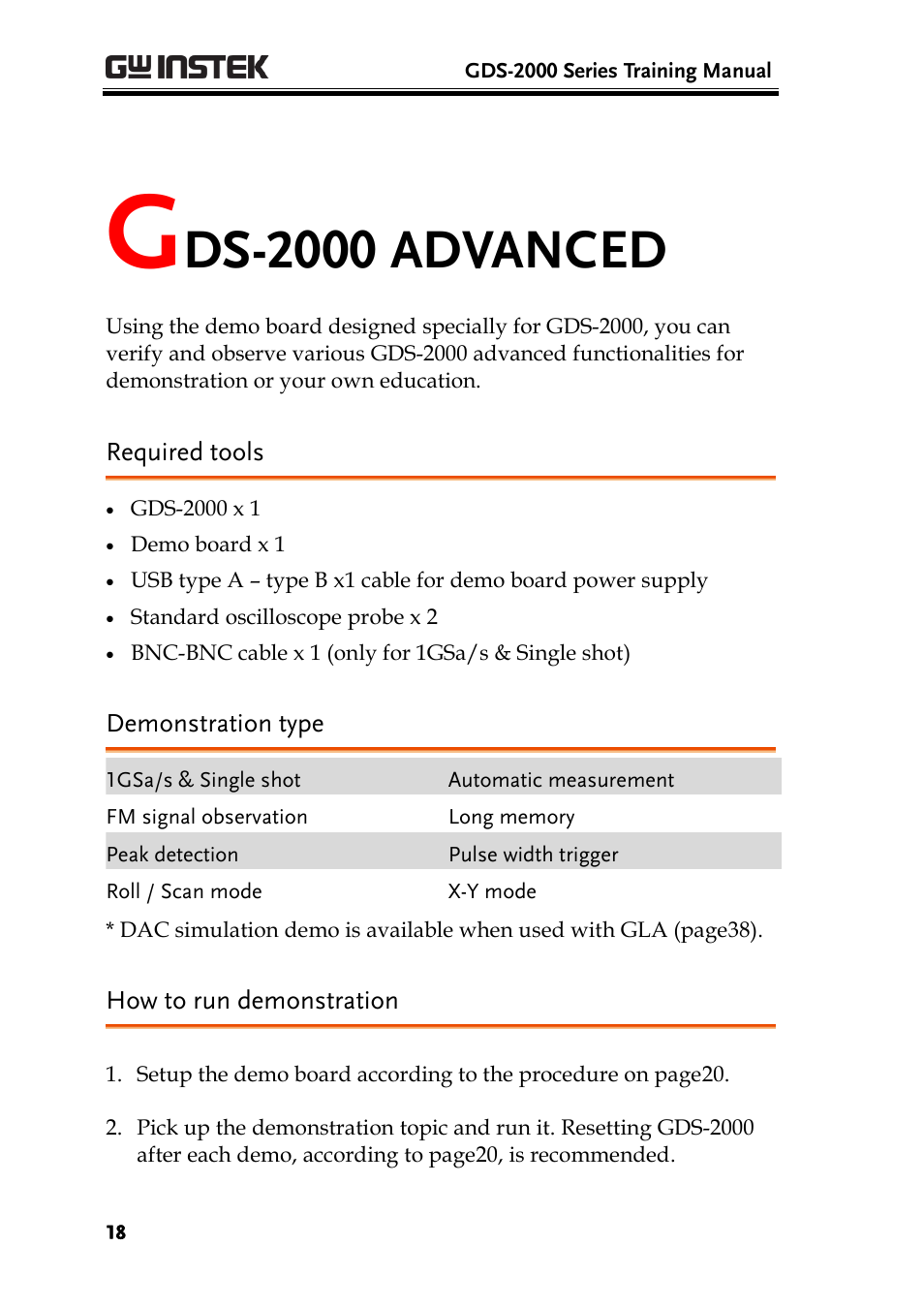 Gds-2000 advanced, Required tools, Demonstration type | How to run demonstration, Ds-2000 advanced | GW Instek GDS-2000 training manual User Manual | Page 18 / 46