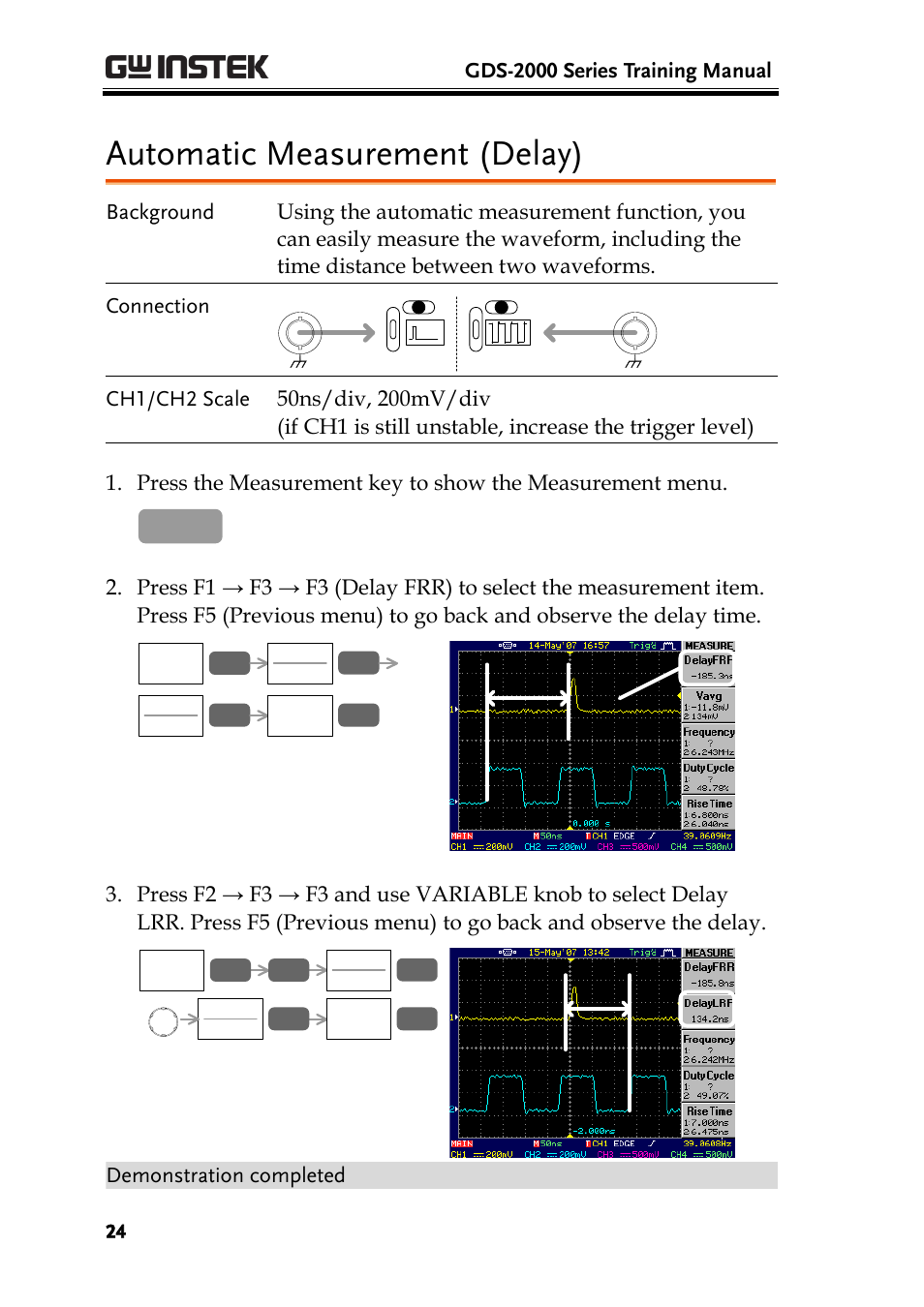 Automatic measurement (delay), Gds-2000 series training manual, Demonstration completed | GW Instek GDS-2000 training manual User Manual | Page 24 / 46