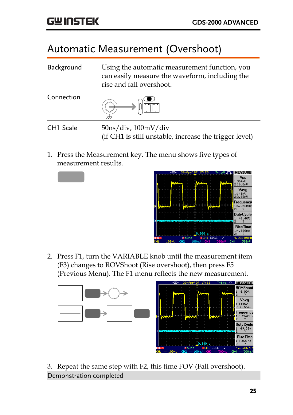 Automatic measurement (overshoot) | GW Instek GDS-2000 training manual User Manual | Page 25 / 46