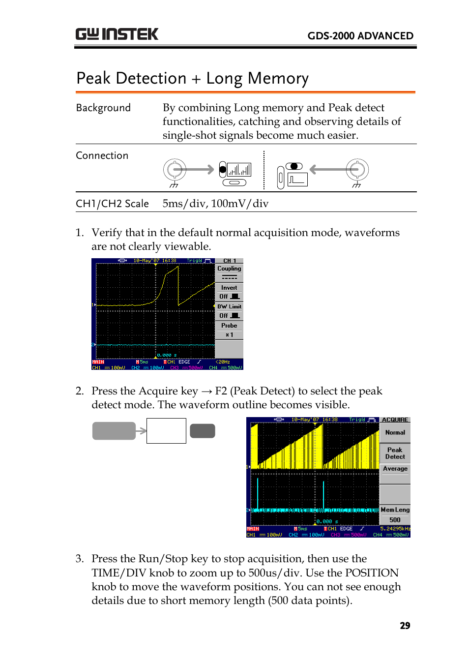 Peak detection + long memory | GW Instek GDS-2000 training manual User Manual | Page 29 / 46