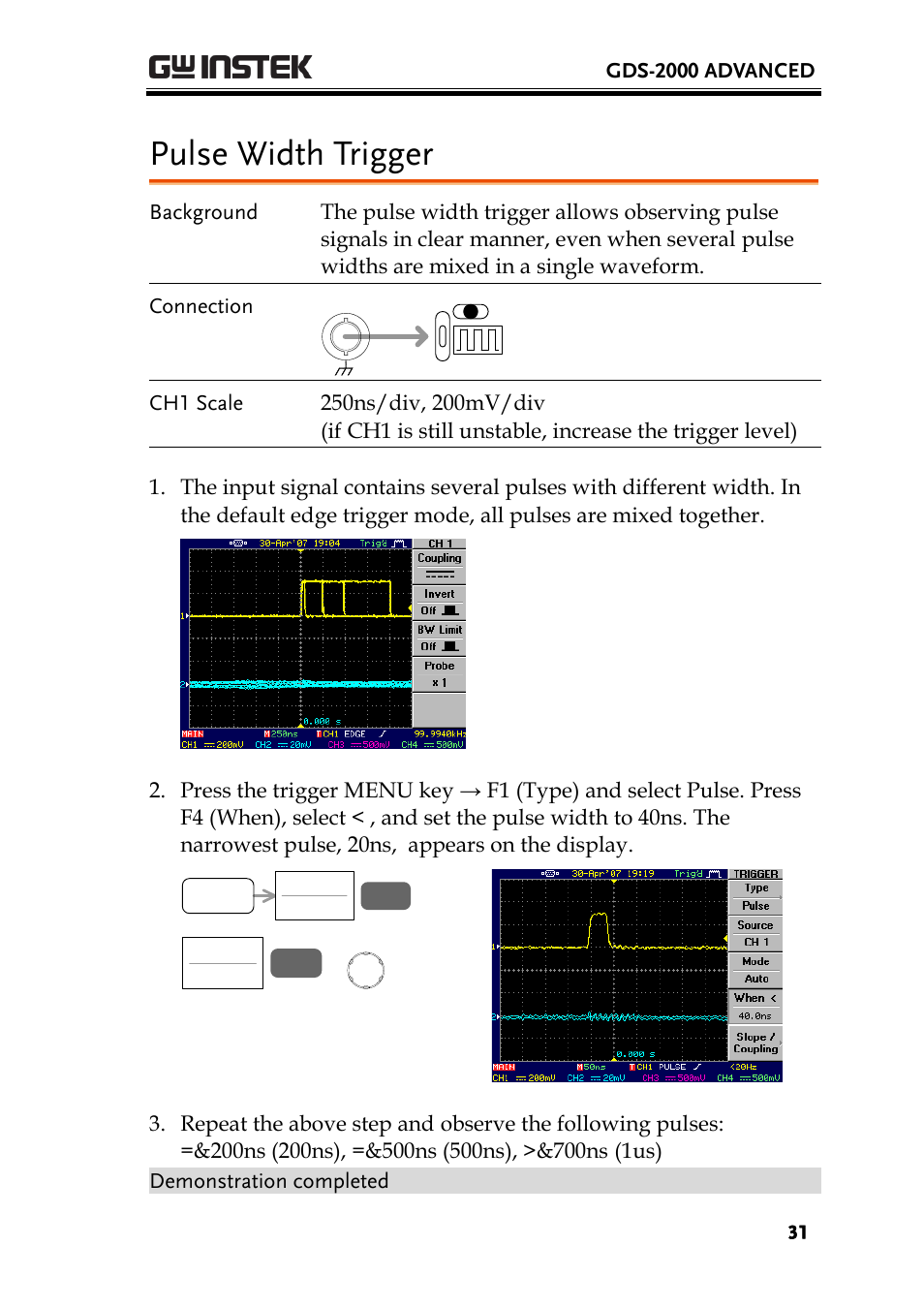 Pulse width trigger | GW Instek GDS-2000 training manual User Manual | Page 31 / 46