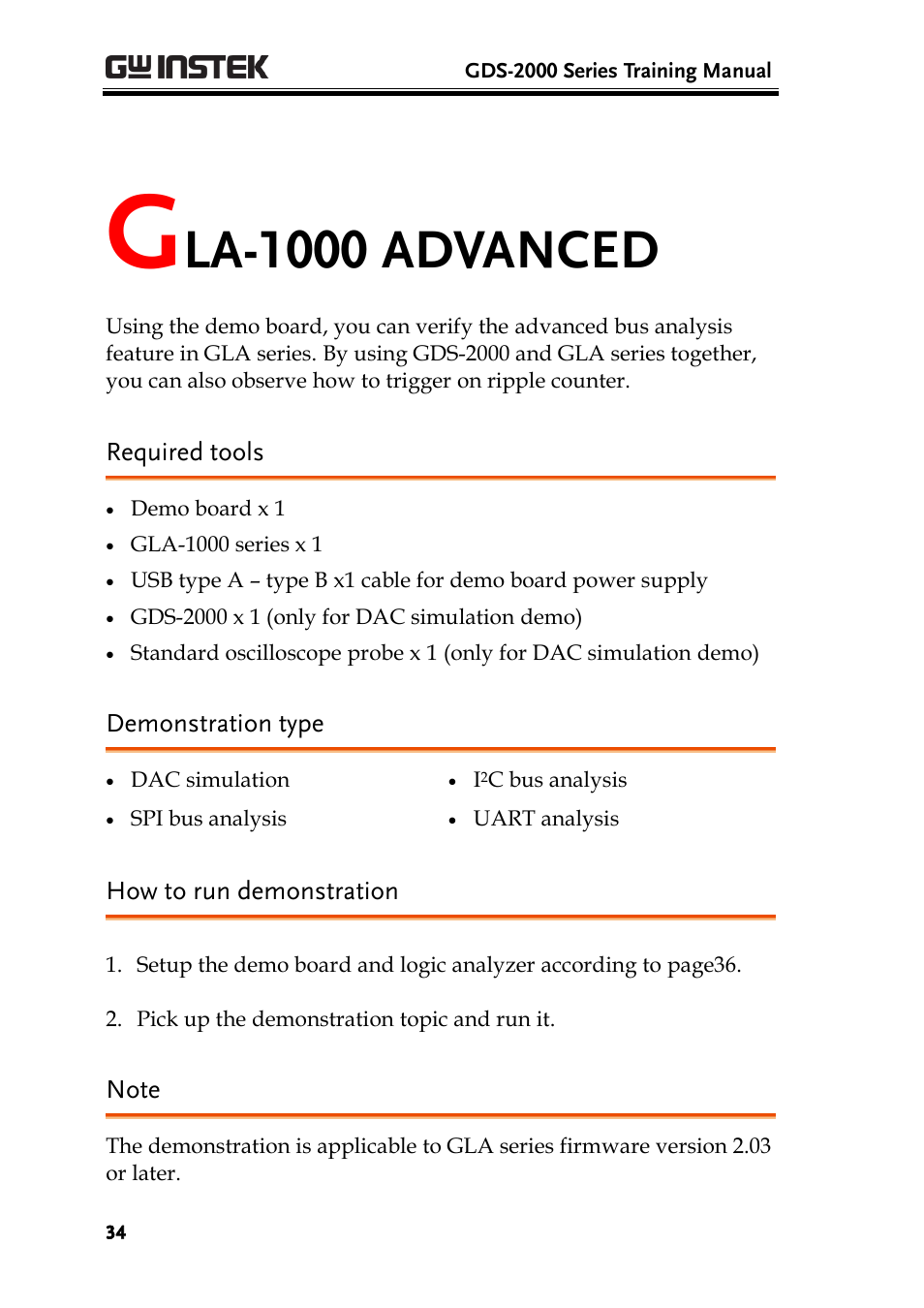 Gla-1000 advanced, Required tools, Demonstration type | How to run demonstration, Note, La-1000 advanced | GW Instek GDS-2000 training manual User Manual | Page 34 / 46