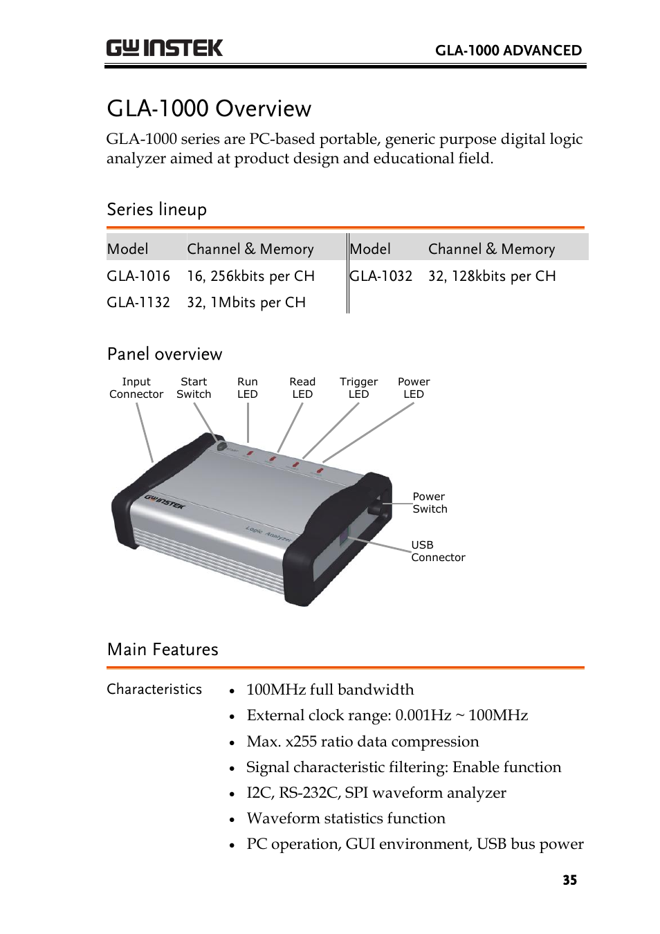 Gla-1000 overview, Series lineup, Panel overview | Main features | GW Instek GDS-2000 training manual User Manual | Page 35 / 46