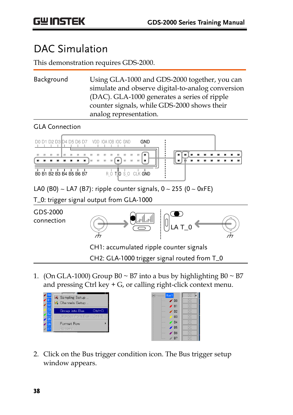 Dac simulation, Gds-2000 series training manual, This demonstration requires gds-2000 | La t_0 | GW Instek GDS-2000 training manual User Manual | Page 38 / 46