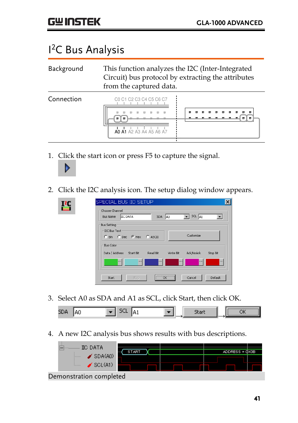 I2c bus analysis, C bus analysis, Gla-1000 advanced | GW Instek GDS-2000 training manual User Manual | Page 41 / 46