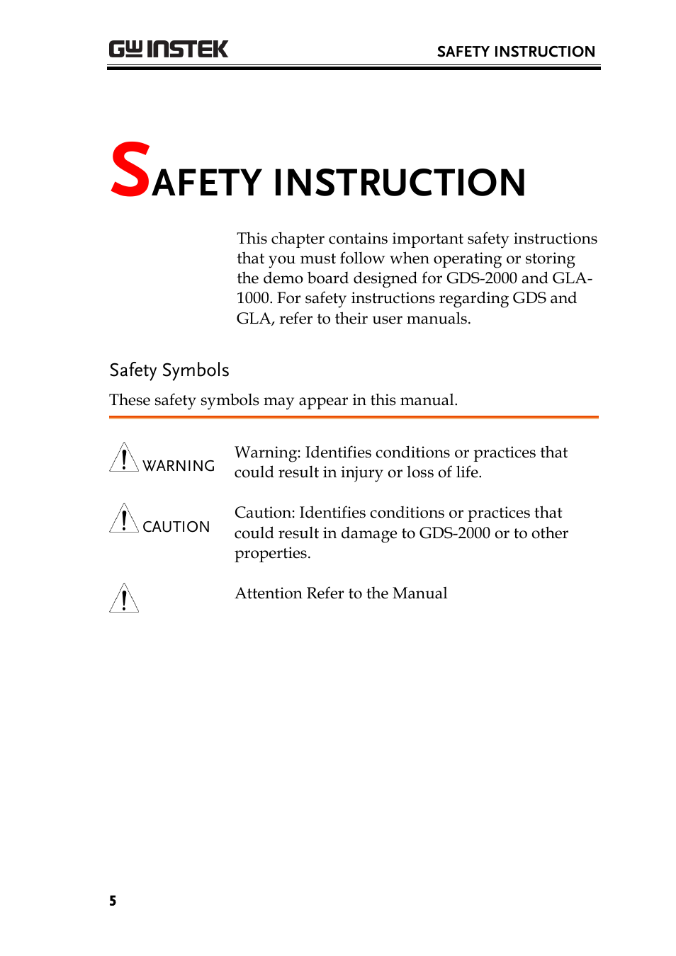 Safety instruction, Safety symbols, Afety instruction | GW Instek GDS-2000 training manual User Manual | Page 5 / 46