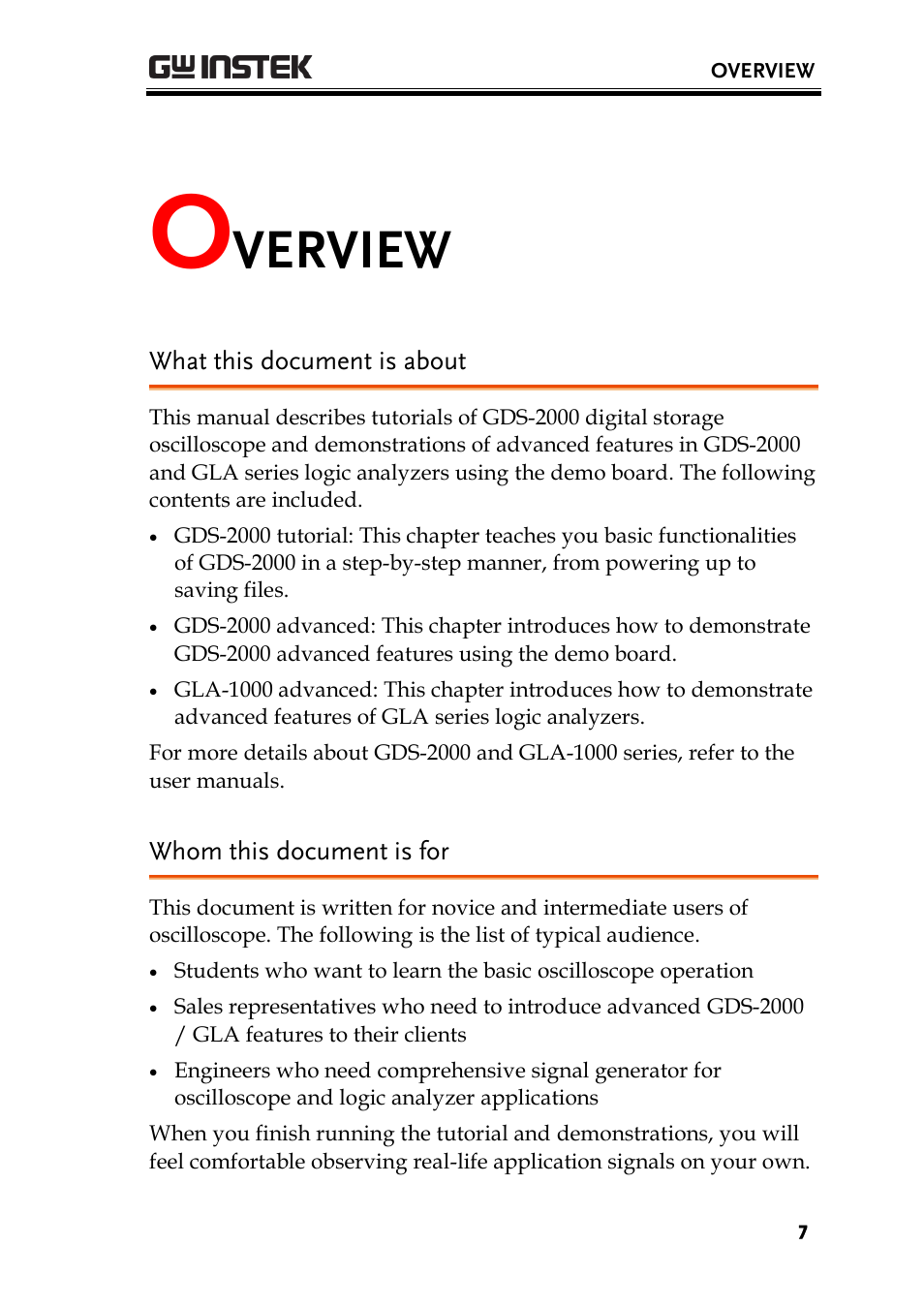 Overview, What this document is about, Whom this document is for | Verview | GW Instek GDS-2000 training manual User Manual | Page 7 / 46