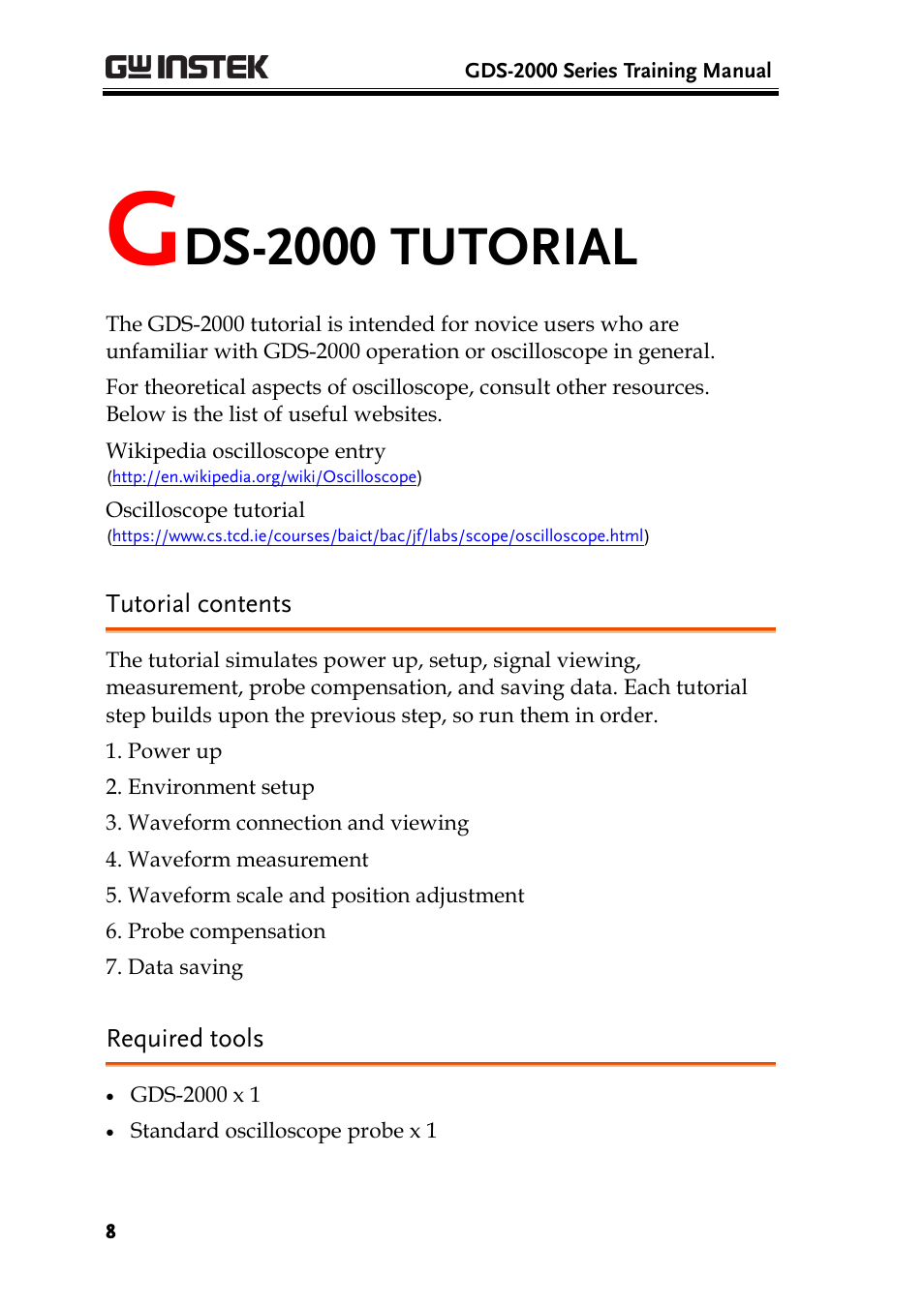 Gds-2000 tutorial, Tutorial contents, Required tools | Ds-2000 tutorial | GW Instek GDS-2000 training manual User Manual | Page 8 / 46