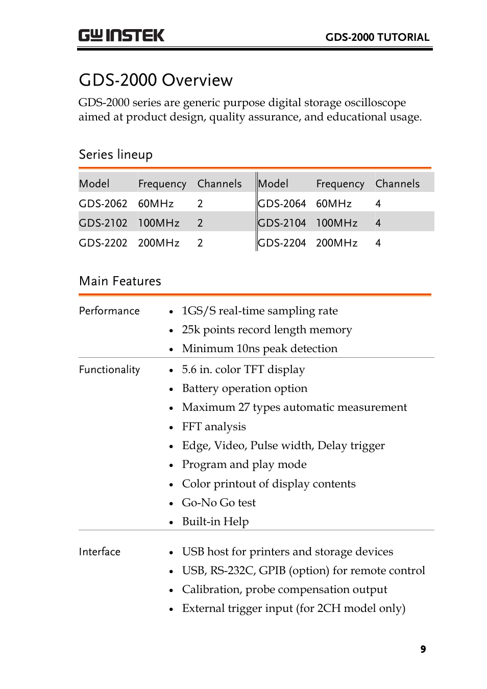 Gds-2000 overview, Series lineup, Main features | GW Instek GDS-2000 training manual User Manual | Page 9 / 46