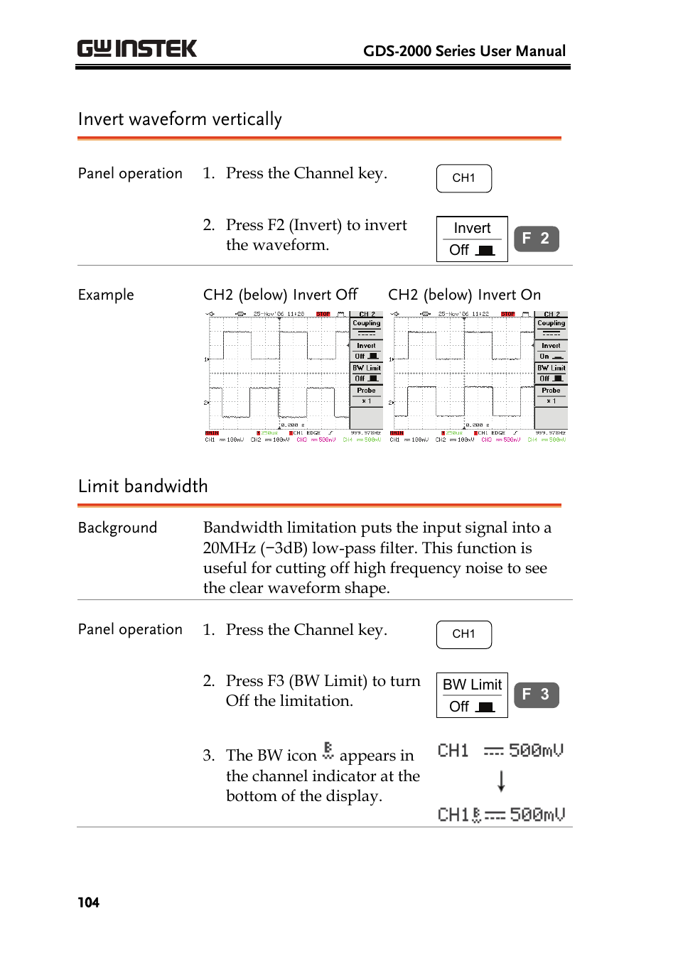 Invert waveform vertically, Limit bandwidth | GW Instek GDS-2000 series Uer manual User Manual | Page 104 / 174