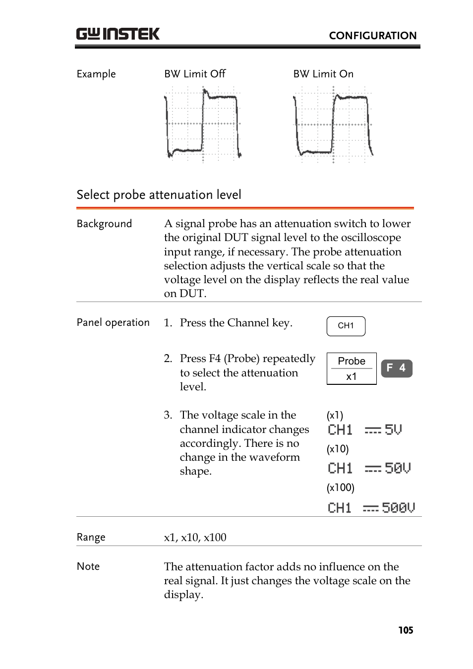 Select probe attenuation level | GW Instek GDS-2000 series Uer manual User Manual | Page 105 / 174