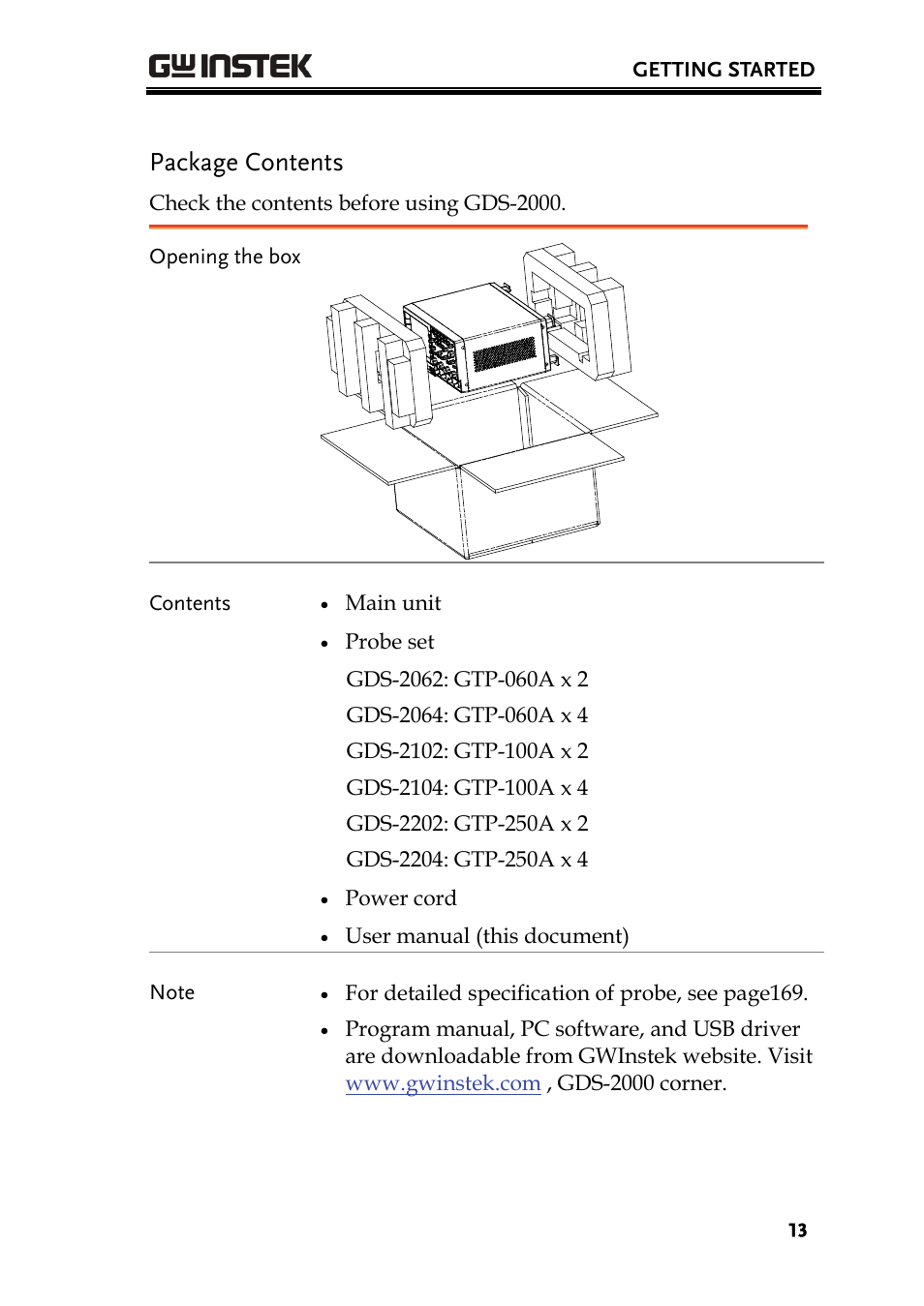 Package contents | GW Instek GDS-2000 series Uer manual User Manual | Page 13 / 174