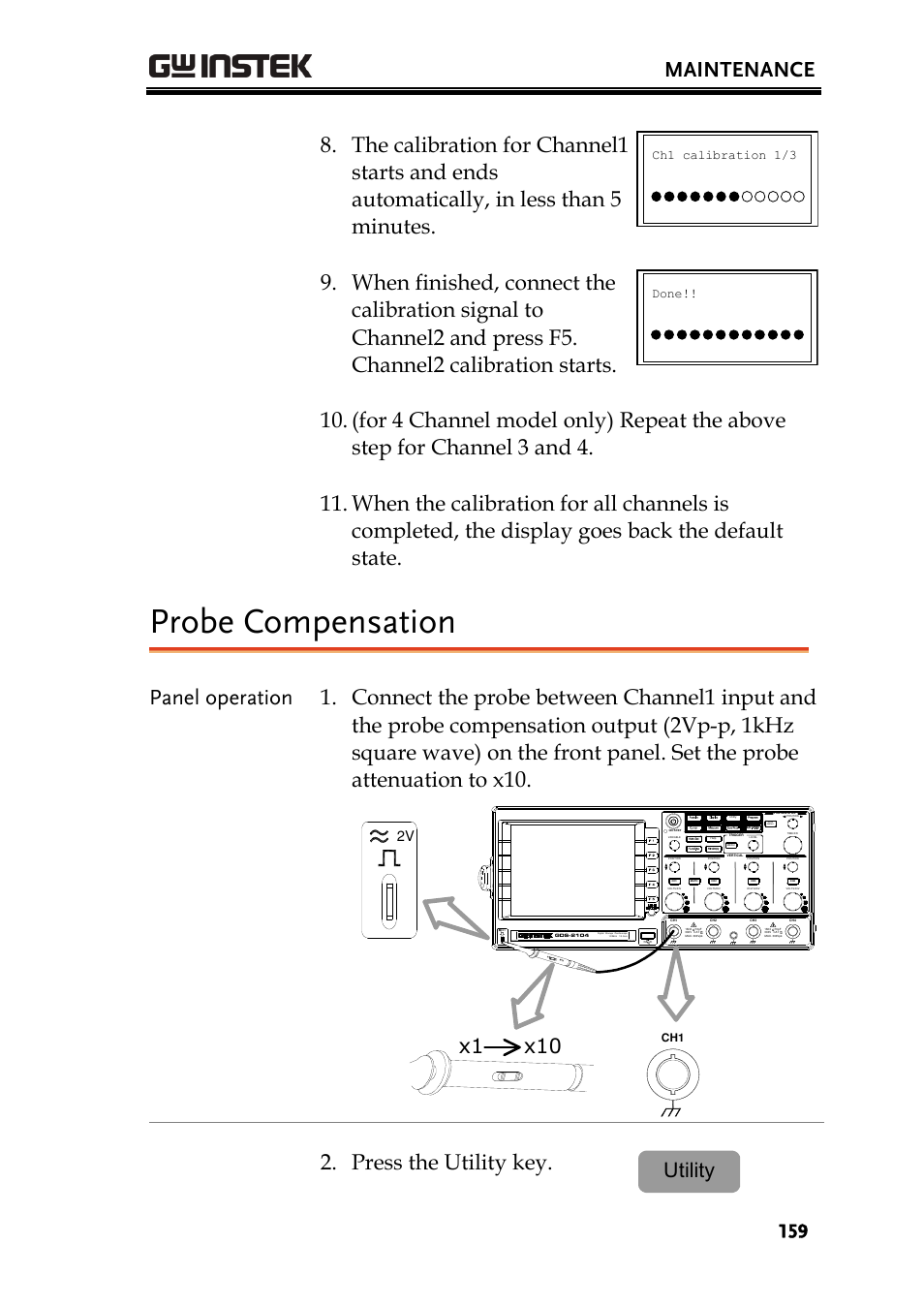 Probe compensation, Maintenance, Press the utility key | X1 x10, Utility | GW Instek GDS-2000 series Uer manual User Manual | Page 159 / 174