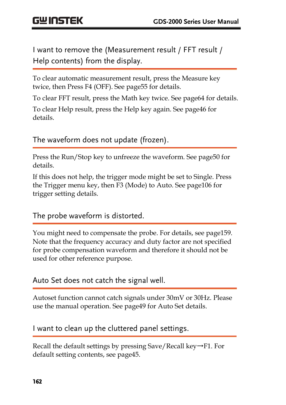 The waveform does not update (frozen), The probe waveform is distorted, Auto set does not catch the signal well | I want to clean up the cluttered panel settings | GW Instek GDS-2000 series Uer manual User Manual | Page 162 / 174