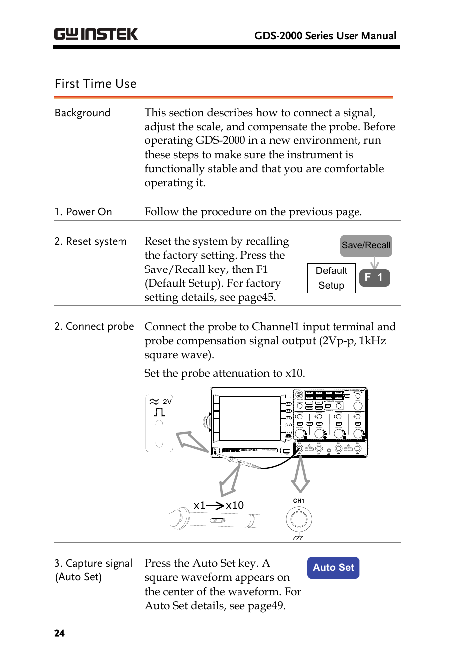 First time use, Gds-2000 series user manual, X1 x10 | Default setup, Auto set, Save/recall, Hori menu, 2v x10 x1 | GW Instek GDS-2000 series Uer manual User Manual | Page 24 / 174
