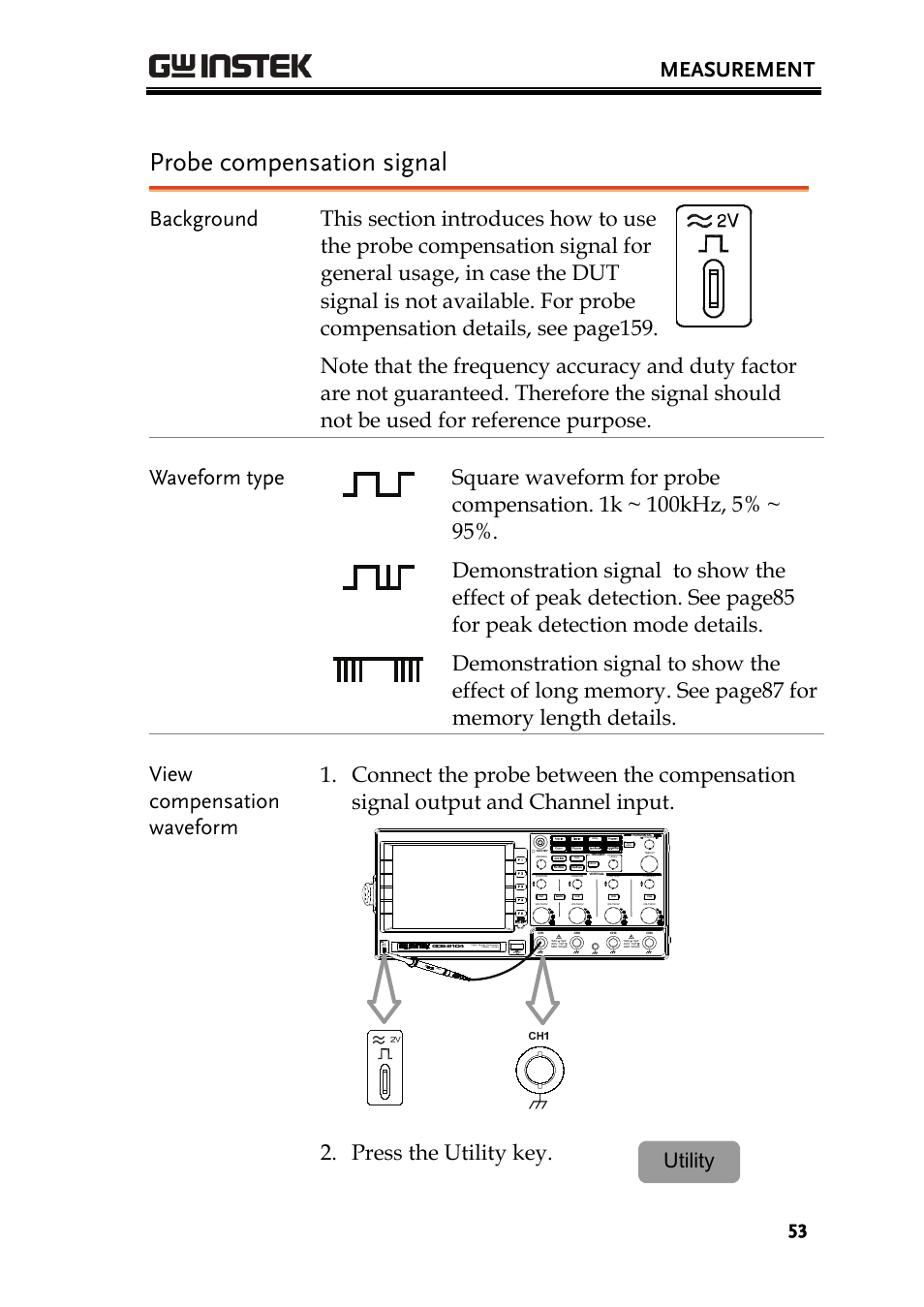 Probe compensation signal, Measurement, Press the utility key | Utility, Hori menu | GW Instek GDS-2000 series Uer manual User Manual | Page 53 / 174