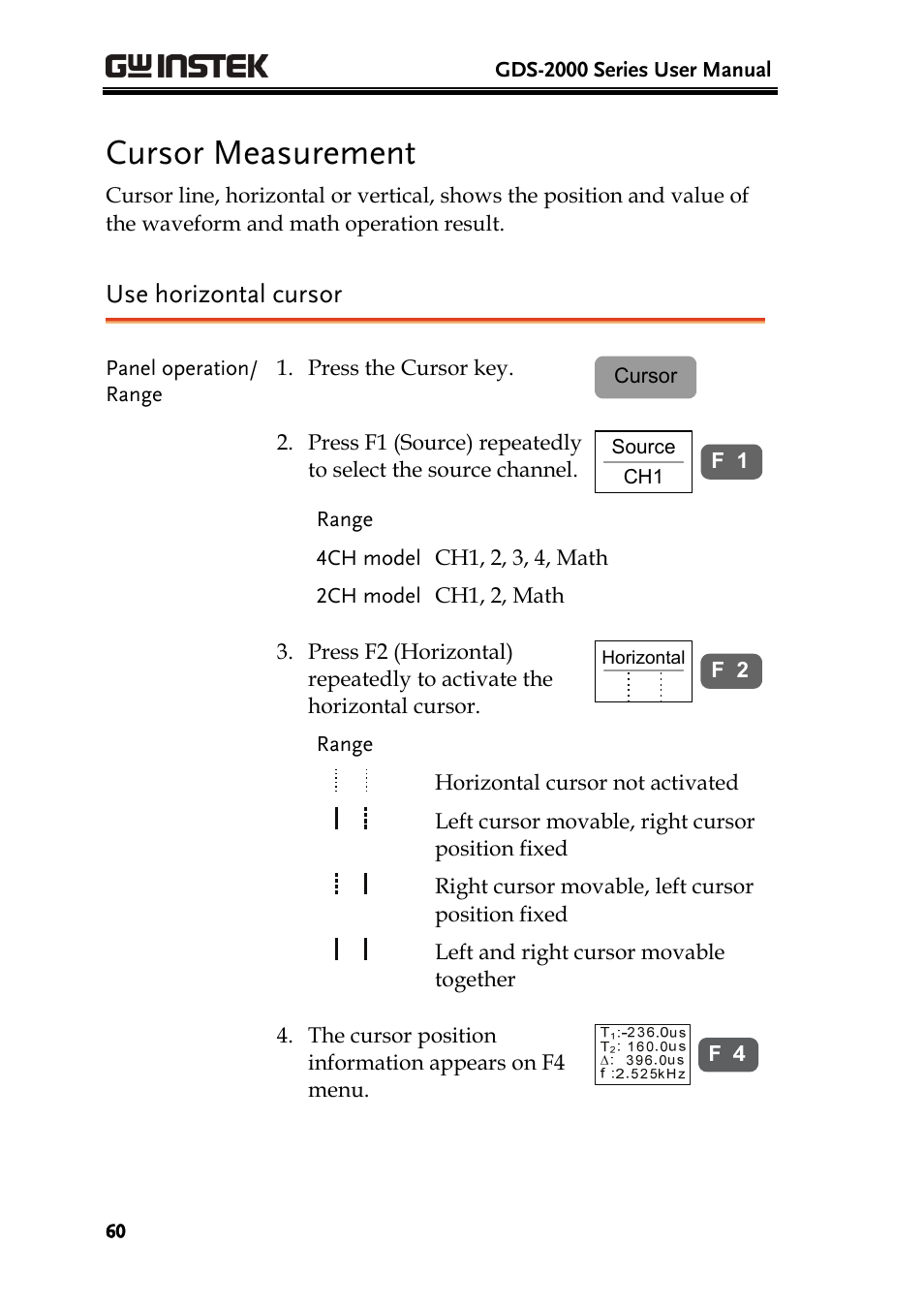 Cursor measurement, Use horizontal cursor | GW Instek GDS-2000 series Uer manual User Manual | Page 60 / 174