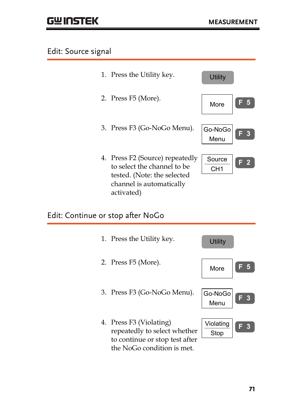 Edit: source signal, Edit: continue or stop after nogo | GW Instek GDS-2000 series Uer manual User Manual | Page 71 / 174