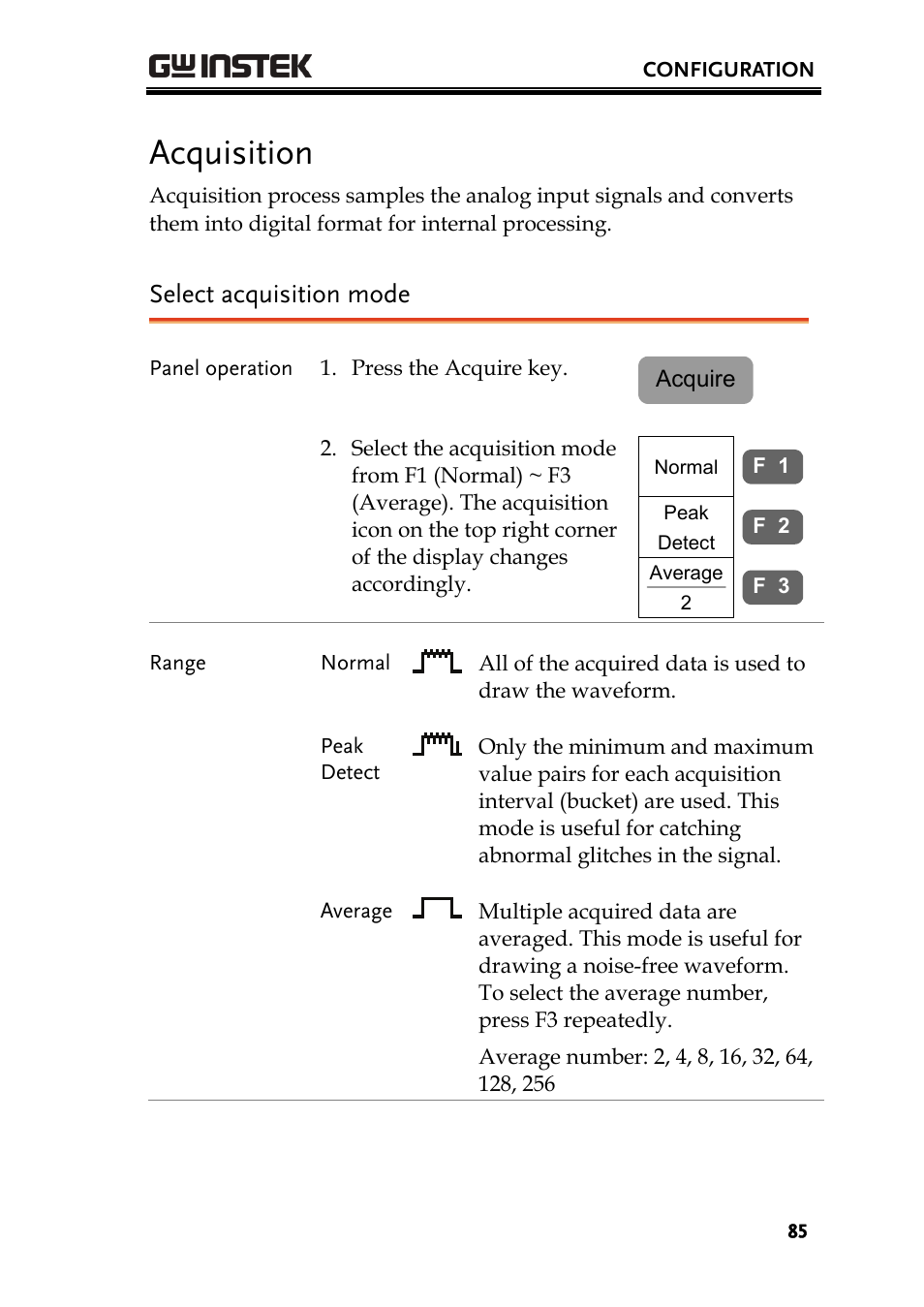 Acquisition, Select acquisition mode | GW Instek GDS-2000 series Uer manual User Manual | Page 85 / 174