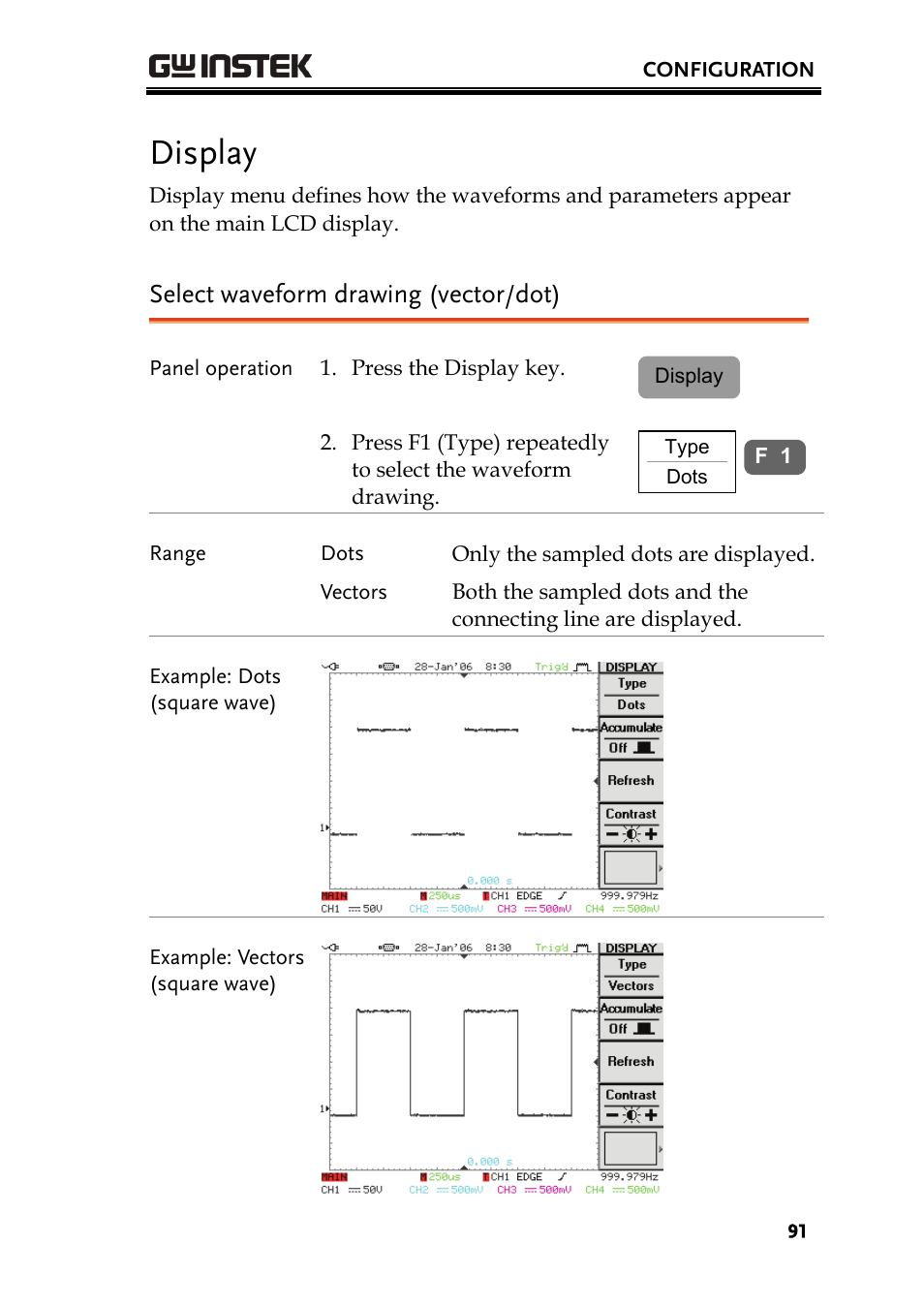 Display, Select waveform drawing (vector/dot) | GW Instek GDS-2000 series Uer manual User Manual | Page 91 / 174