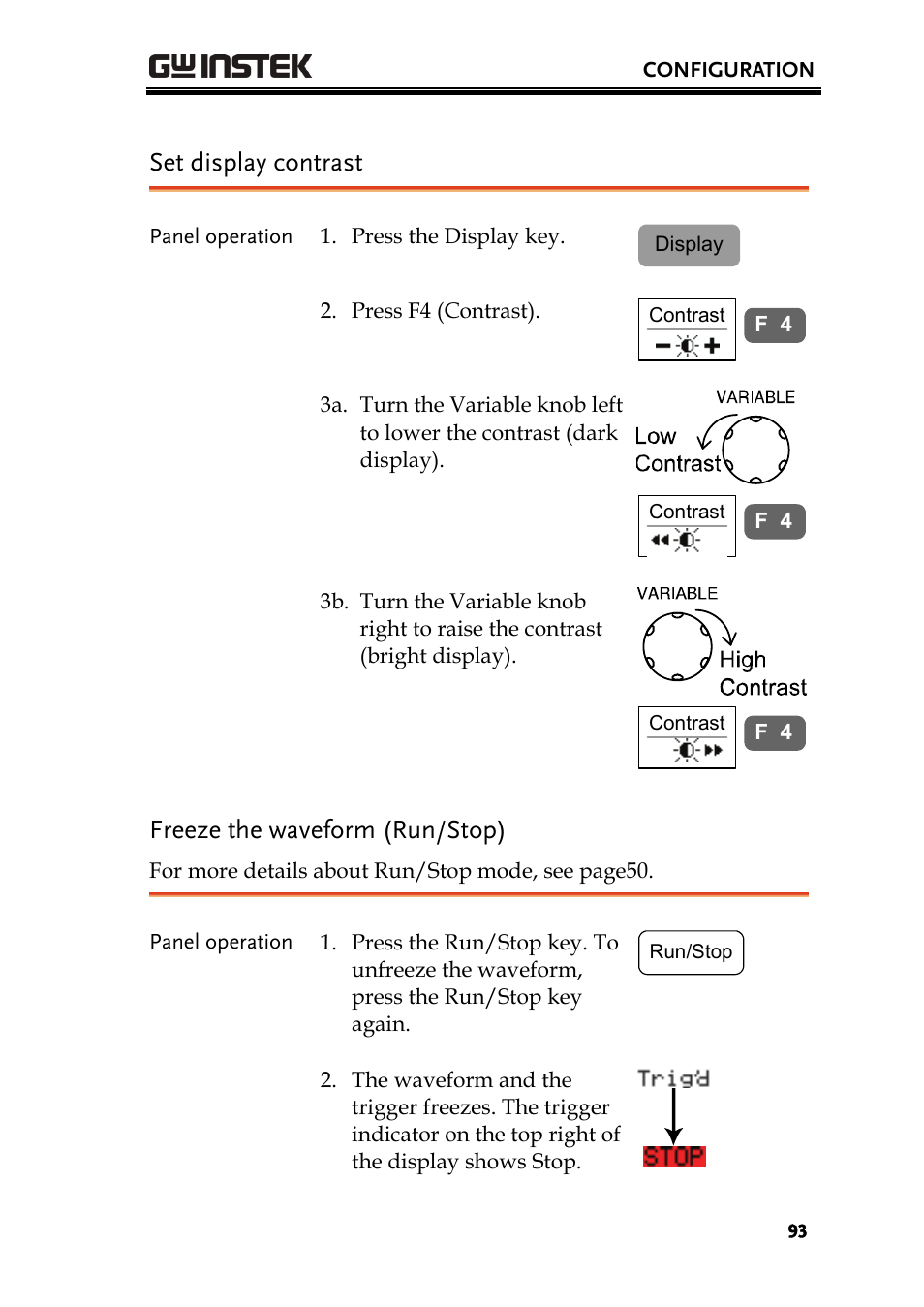 Set display contrast, Freeze the waveform (run/stop) | GW Instek GDS-2000 series Uer manual User Manual | Page 93 / 174