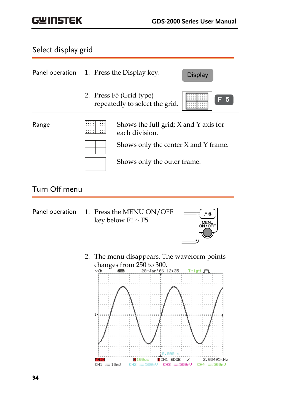 Select display grid, Turn off menu | GW Instek GDS-2000 series Uer manual User Manual | Page 94 / 174