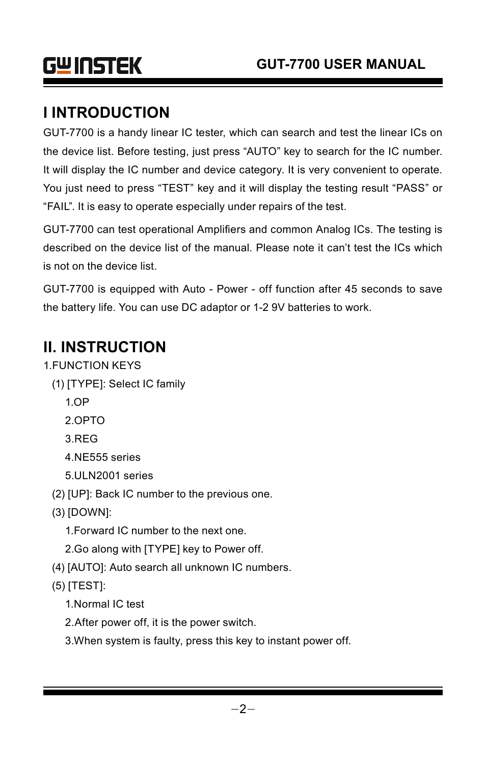 I introduction, Ii. instruction, Gut-7700 user manual | GW Instek GUT-7700 User Manual | Page 3 / 9