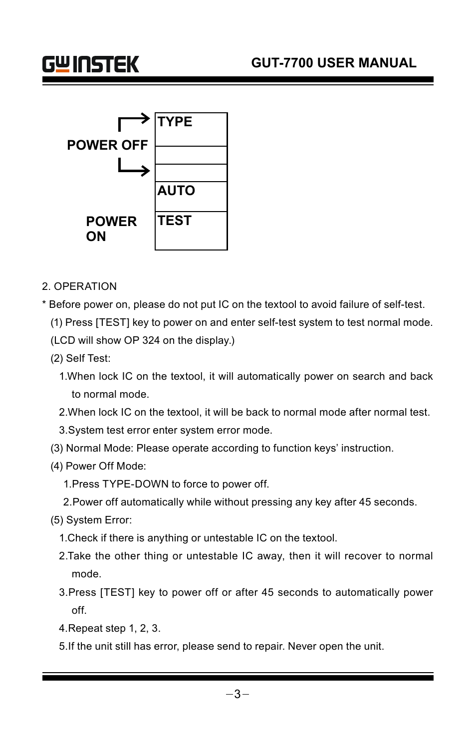 Gut-7700 user manual, Type auto test power on power off | GW Instek GUT-7700 User Manual | Page 4 / 9
