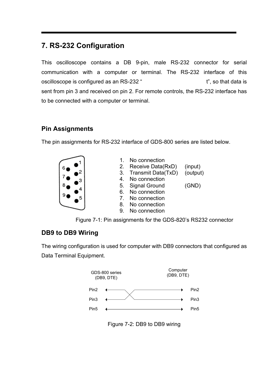 Rs-232 configuration, Pin assignments, Db9 to db9 wiring | GW Instek GDS-800 Series User Manual User Manual | Page 69 / 83