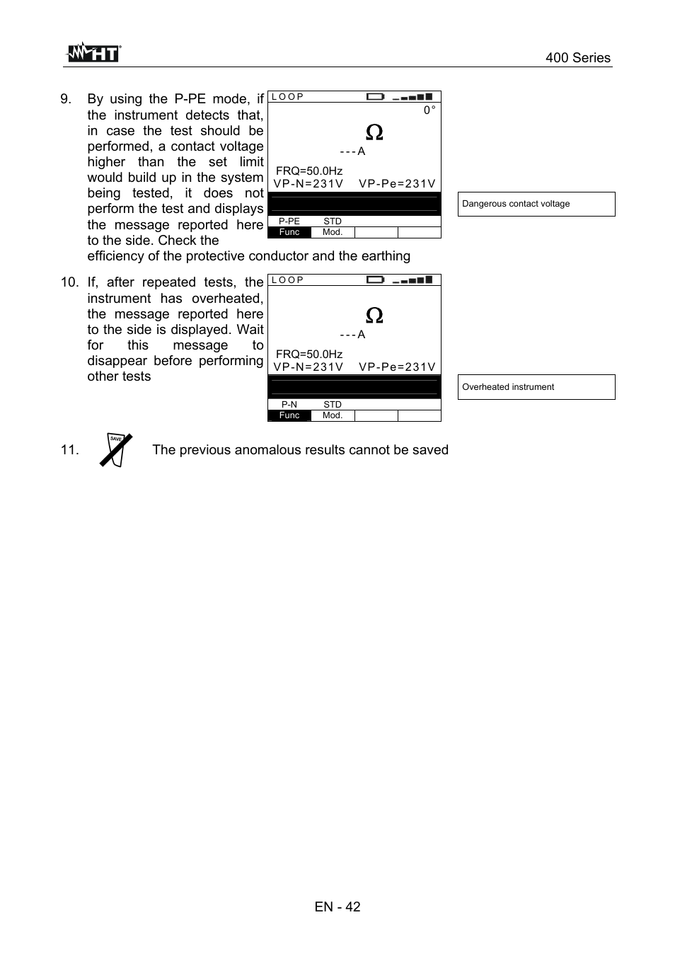 400 series, En - 42, The previous anomalous results cannot be saved | HT instruments SPEED418 User Manual | Page 43 / 88