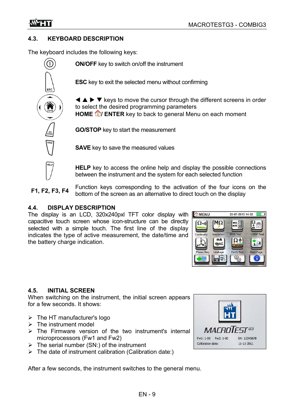 Macrotestg3 - combig3, On/off key to switch on/off the instrument, Go/stop key to start the measurement | Save key to save the measured values | HT instruments MACROTEST G3 User Manual | Page 10 / 108
