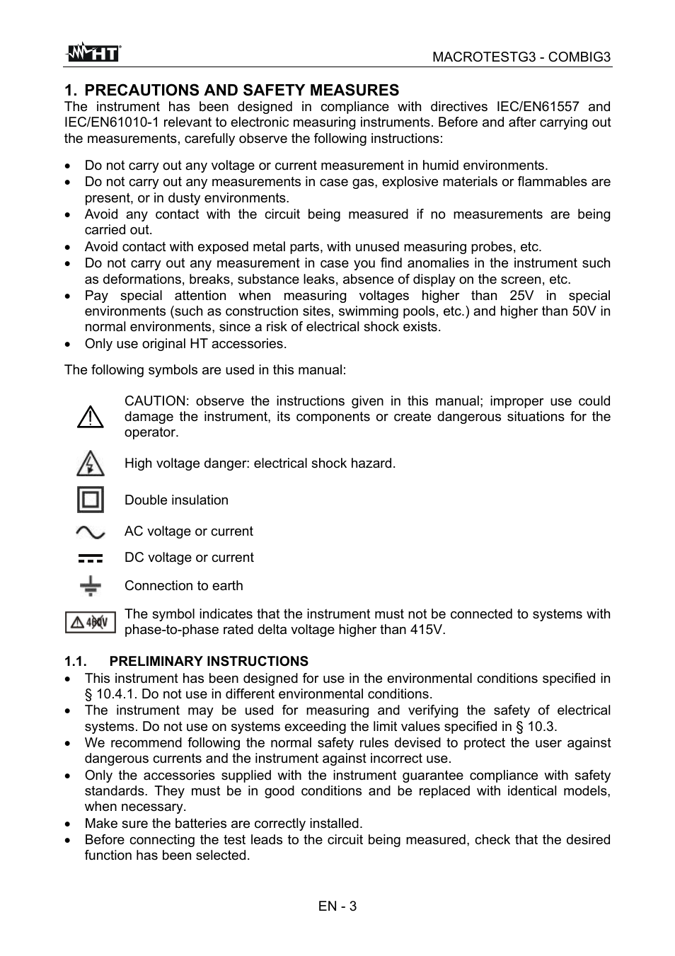 Precautions and safety measures | HT instruments MACROTEST G3 User Manual | Page 4 / 108