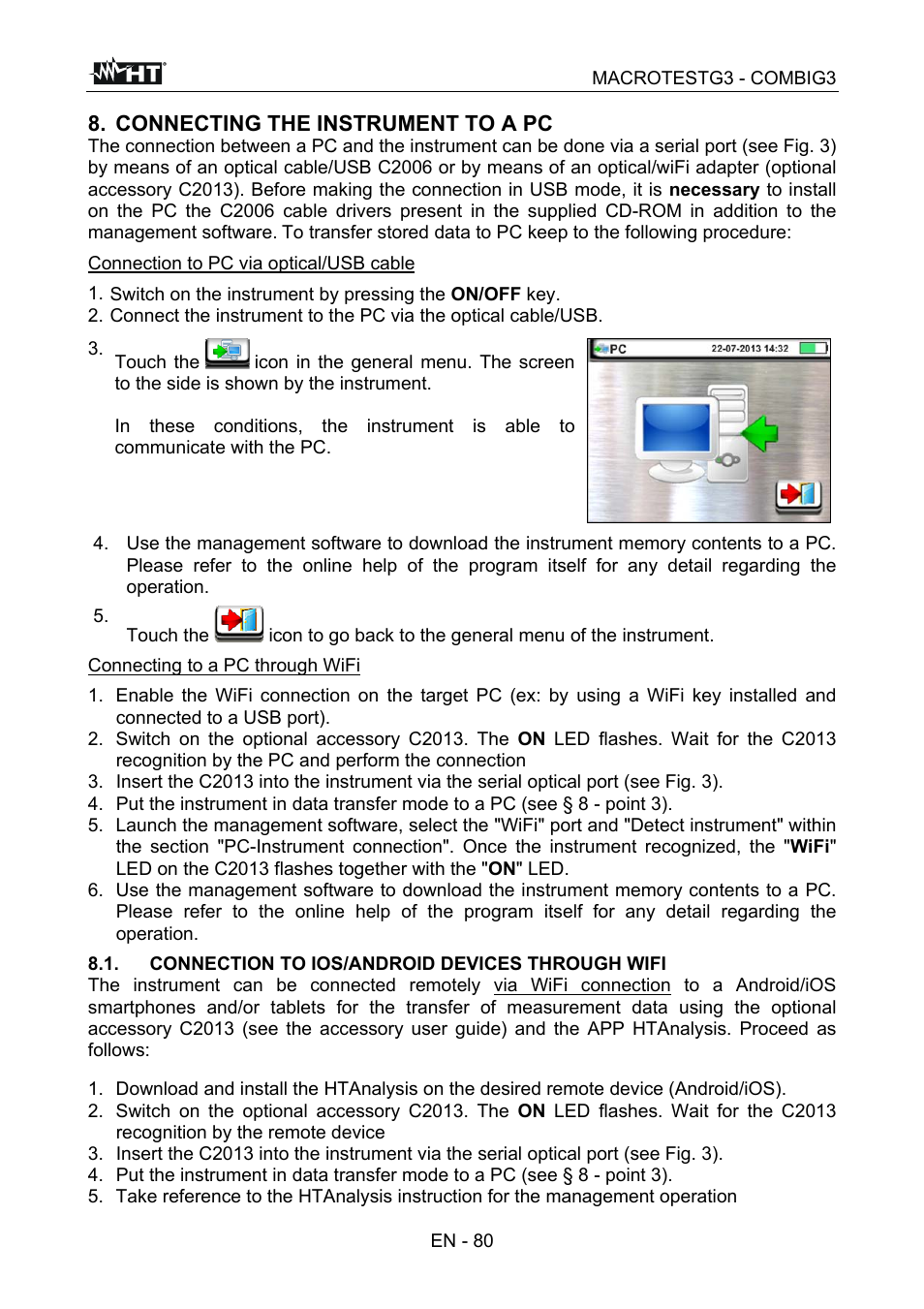 Connecting the instrument to a pc, Macrotestg3 - combig3, En - 80 | Connection to pc via optical/usb cable, Connecting to a pc through wifi | HT instruments MACROTEST G3 User Manual | Page 81 / 108