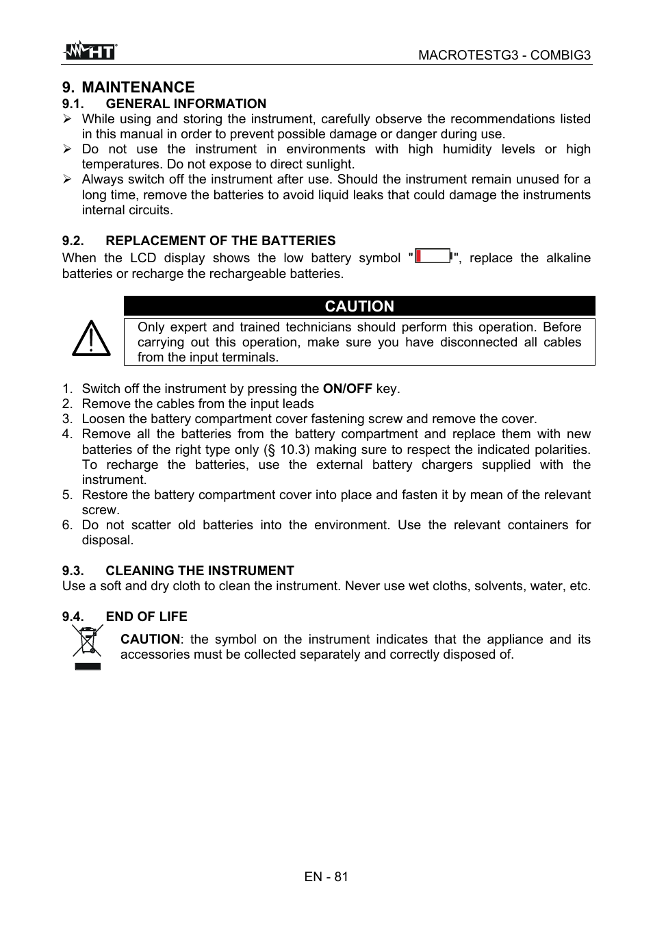Maintenance, Caution | HT instruments MACROTEST G3 User Manual | Page 82 / 108