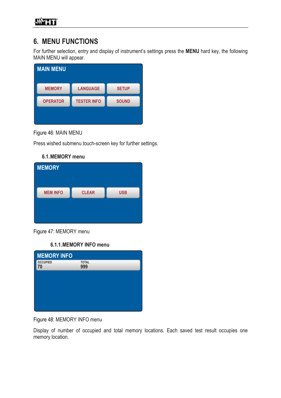 Menu functions, Main menu | HT instruments FULLTEST3 User Manual | Page 61 / 92